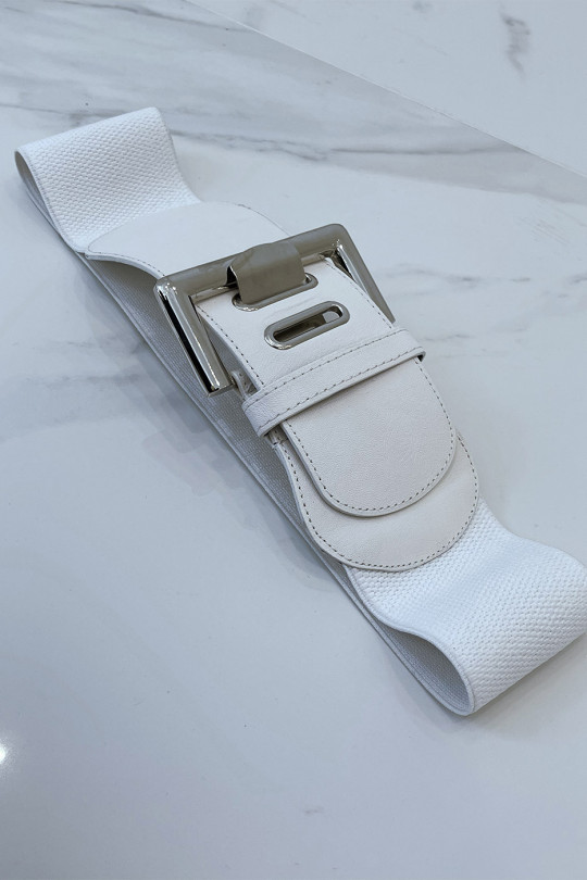 Wide white belt in stretch material and faux leather and silver buckle - 2