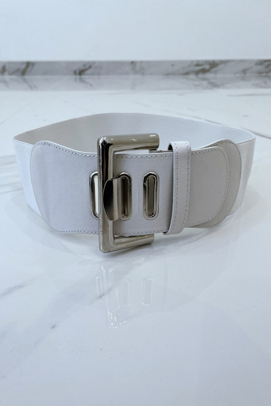 Wide white belt in stretch material and faux leather and silver buckle - 3