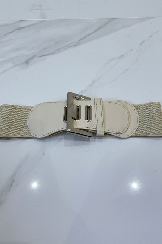 Wide beige belt in stretch material and faux leather and silver buckle - 1