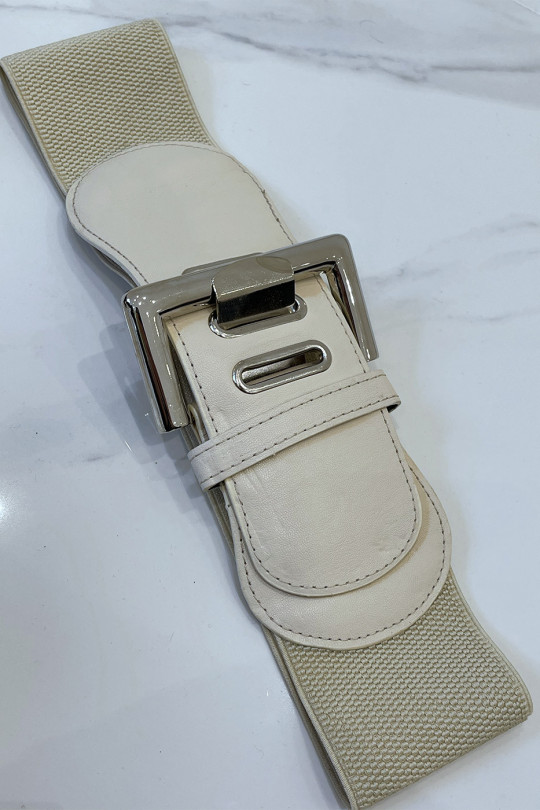 Wide beige belt in stretch material and faux leather and silver buckle - 2