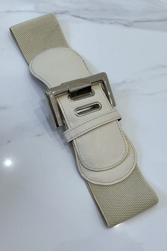 Wide beige belt in stretch material and faux leather and silver buckle - 3