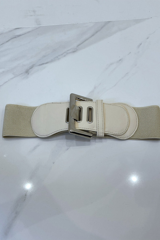 Wide beige belt in stretch material and faux leather and silver buckle - 4