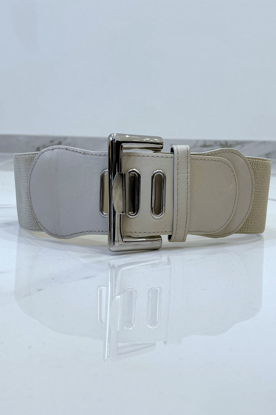 Wide beige belt in stretch material and faux leather and silver buckle - 5