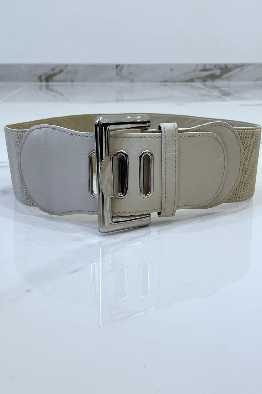 Wide beige belt in stretch material and faux leather and silver buckle - 6