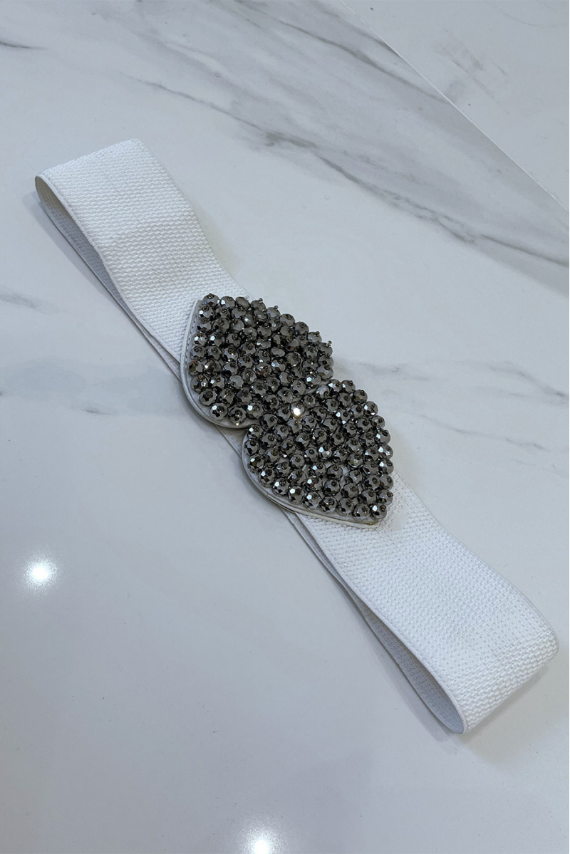 White elastic fabric belt with rhinestone butterfly buckle - 1