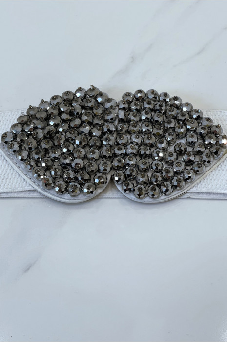 White elastic fabric belt with rhinestone butterfly buckle - 3