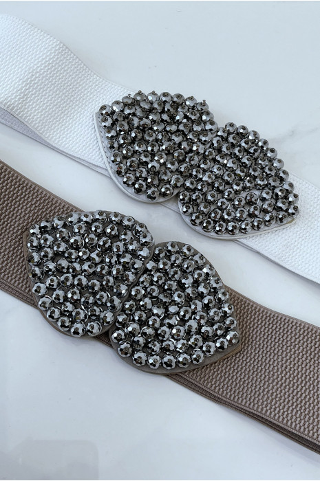 Witte elastische stoffen riem met strass vlindergesp - 5