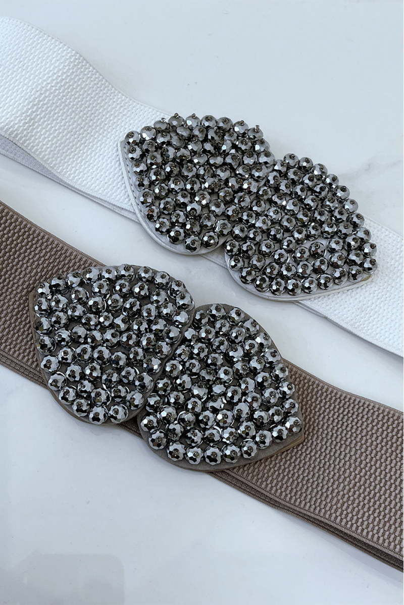 Ceinture taupe en tissus élastique avec avec boucle papillon en strass - 1