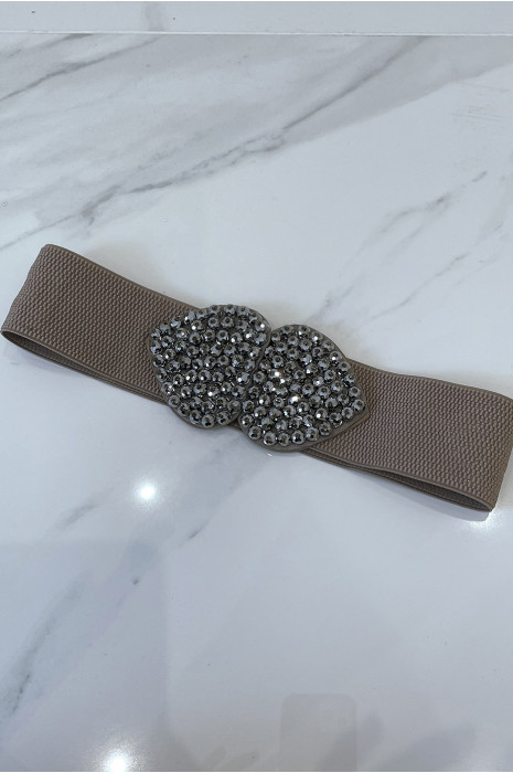 Ceinture taupe en tissus élastique avec avec boucle papillon en strass - 2