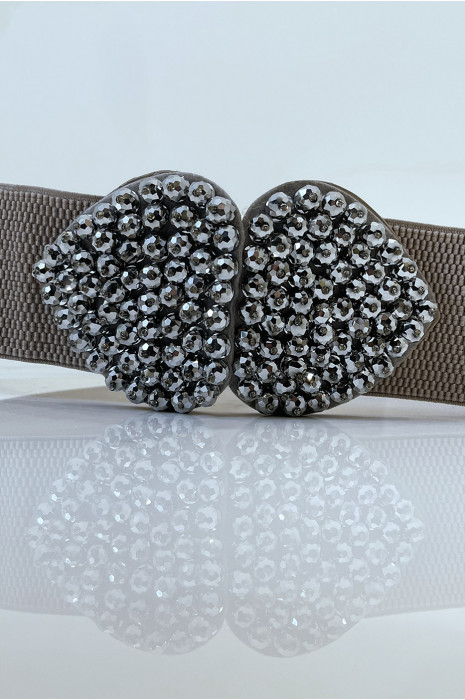 Ceinture taupe en tissus élastique avec avec boucle papillon en strass - 3