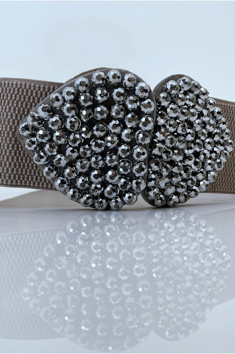 Ceinture taupe en tissus élastique avec avec boucle papillon en strass - 4
