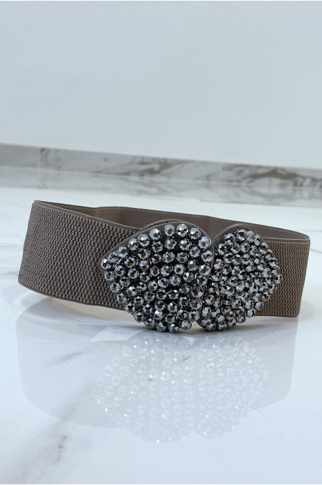 Ceinture taupe en tissus élastique avec avec boucle papillon en strass - 5