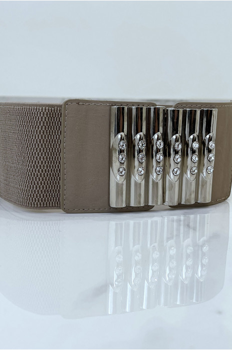 Ceinture taupe en tissus stretch large et boucle à empiècements simili cuir , argent et strass - 2