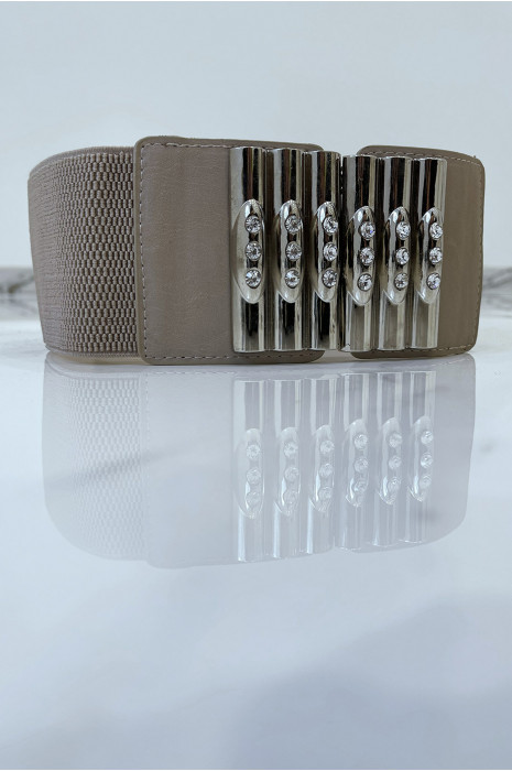 Ceinture taupe en tissus stretch large et boucle à empiècements simili cuir , argent et strass - 5