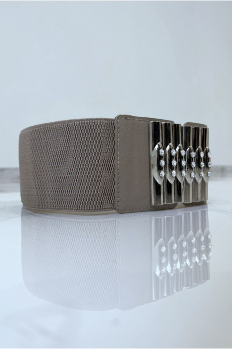 Ceinture taupe en tissus stretch large et boucle à empiècements simili cuir , argent et strass - 6