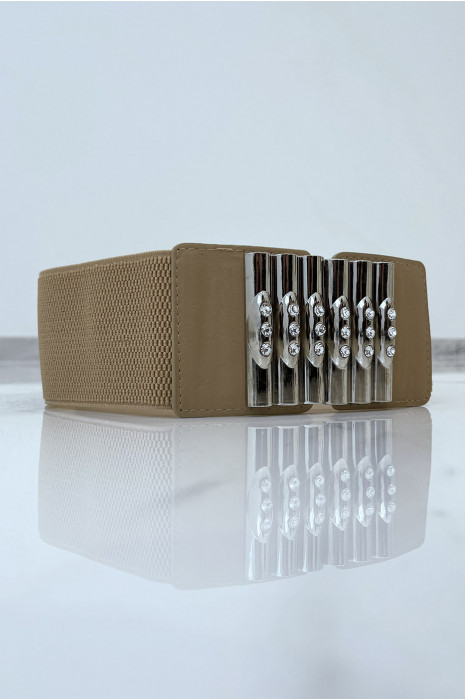 Ceinture beige en tissus stretch large et boucle à empiècements simili cuir , argent et strass - 1