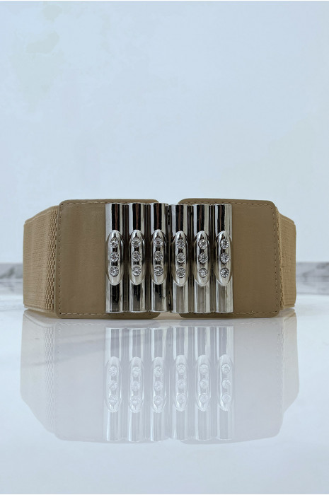 Ceinture beige en tissus stretch large et boucle à empiècements simili cuir , argent et strass - 2