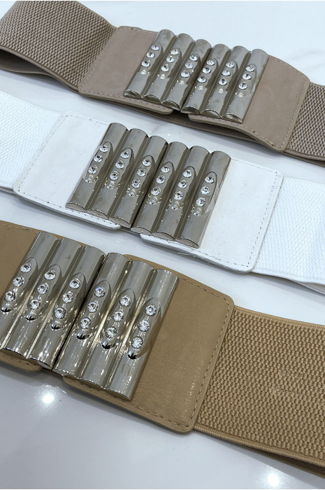 Ceinture beige en tissus stretch large et boucle à empiècements simili cuir , argent et strass - 3