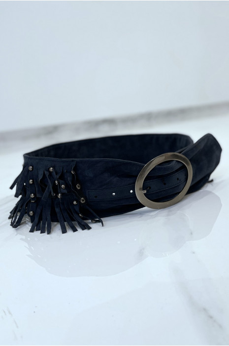 Ceinture  large style bohème à franges couleur bleu marine - 4