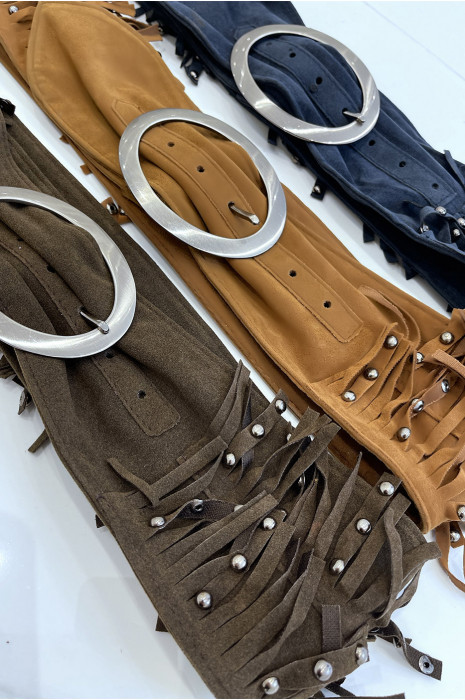 Ceinture  large style bohème à franges couleur marron - 1