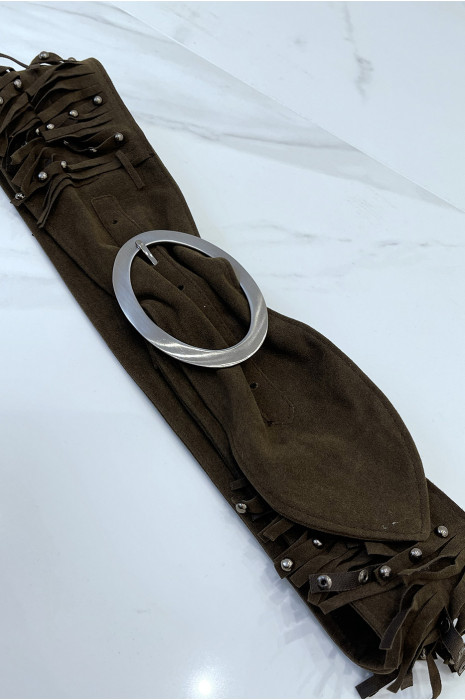Ceinture  large style bohème à franges couleur marron - 2