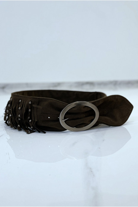 Ceinture  large style bohème à franges couleur marron - 4