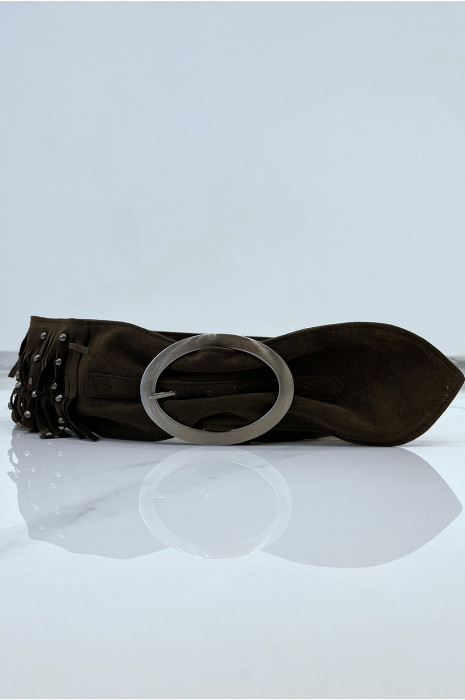 Ceinture  large style bohème à franges couleur marron - 6