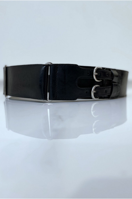 Black faux leather belt with double metal buckle - 1