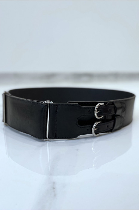 Black faux leather belt with double metal buckle - 2