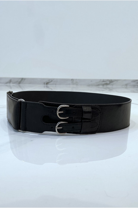 Black faux leather belt with double metal buckle - 3