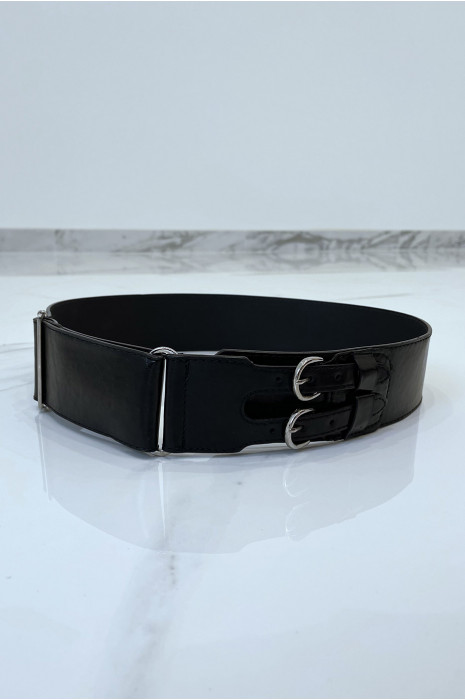 Black faux leather belt with double metal buckle - 4