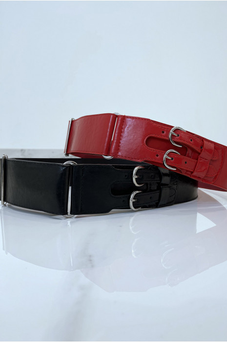 Black faux leather belt with double metal buckle - 7