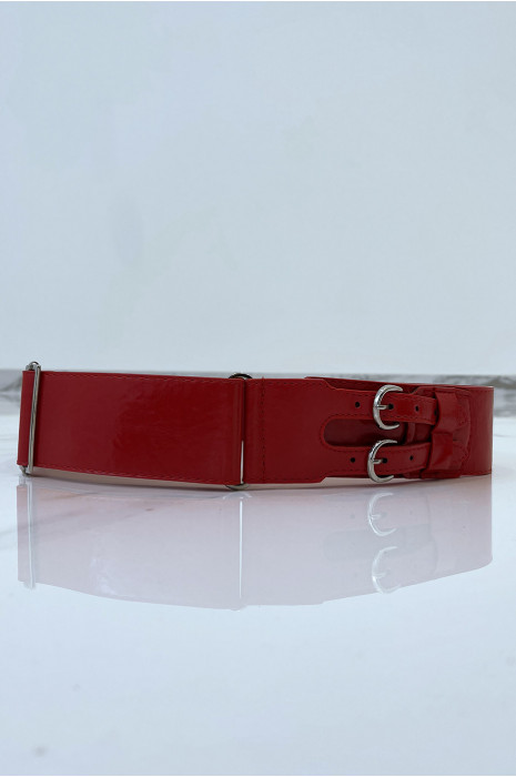 Red faux leather belt with double metal buckle - 3