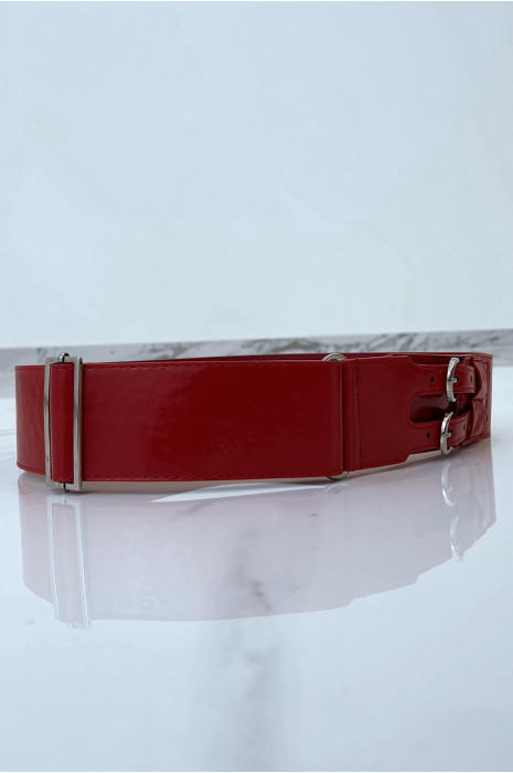 Red faux leather belt with double metal buckle - 4