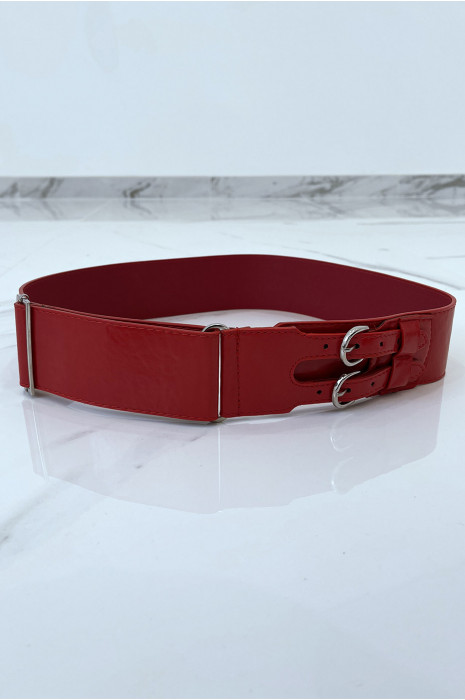 Red faux leather belt with double metal buckle - 6