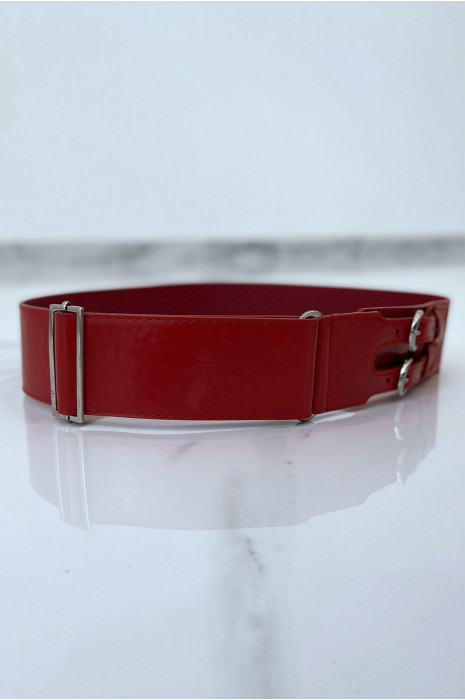 Red faux leather belt with double metal buckle - 7