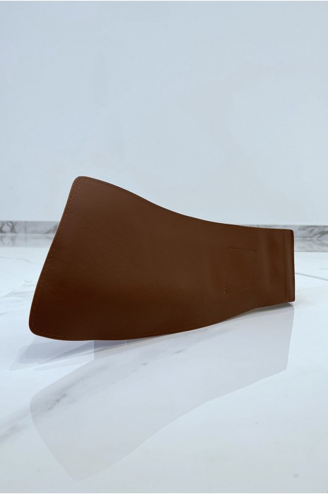Asymmetric brown belt in stretch fabrics and imitation leather and large metal buckle - 1
