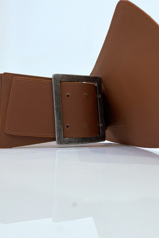Asymmetric brown belt in stretch fabrics and imitation leather and large metal buckle - 3