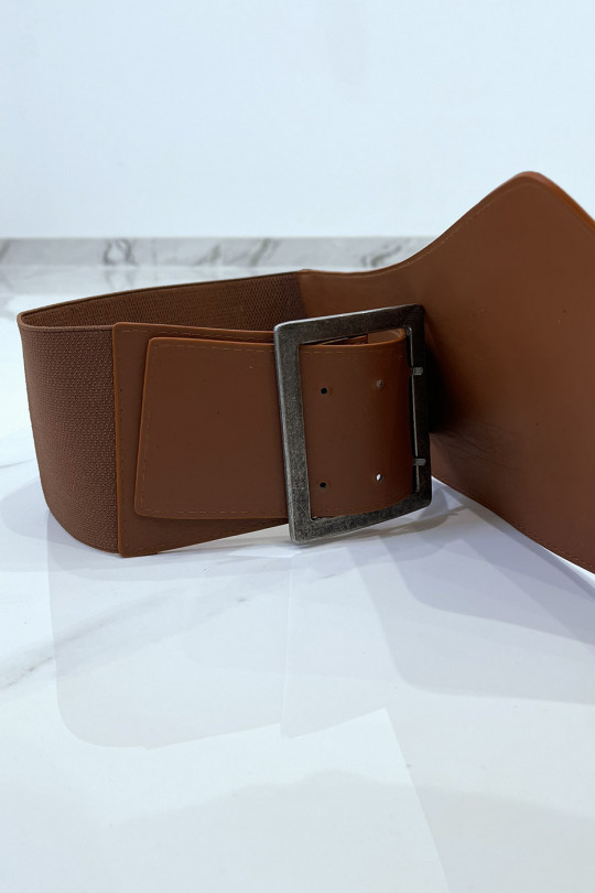 Asymmetric brown belt in stretch fabrics and imitation leather and large metal buckle - 4