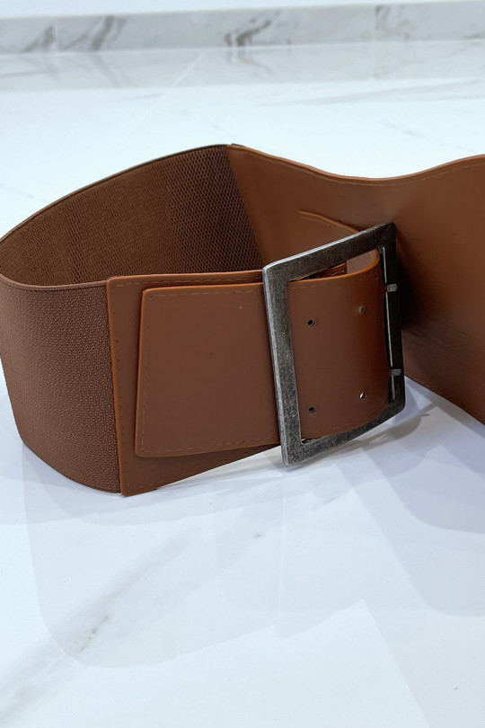 Asymmetric brown belt in stretch fabrics and imitation leather and large metal buckle - 5