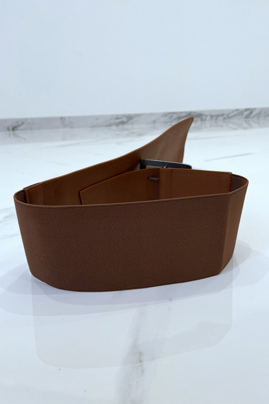 Asymmetric brown belt in stretch fabrics and imitation leather and large metal buckle - 6