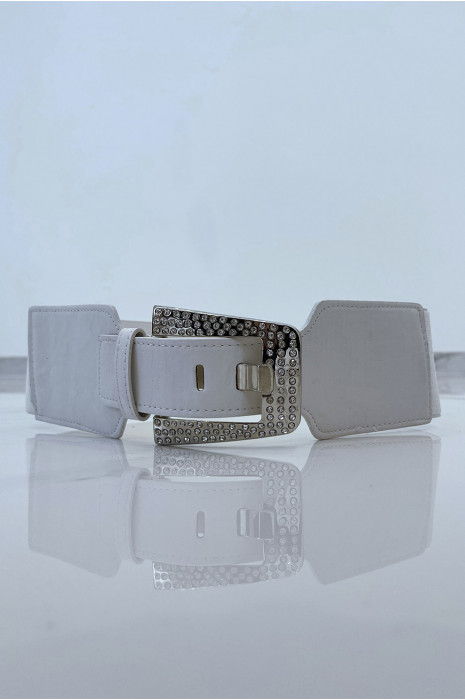 Big white bi-material belt with metallic strap and rhinestones - 1