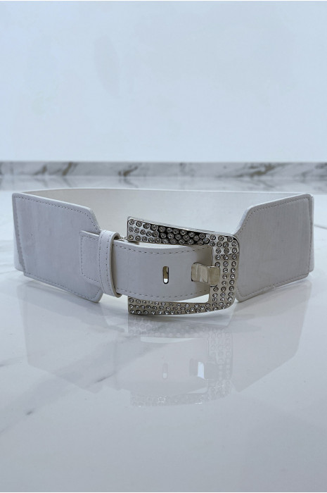 Grote witte riem van twee materialen met metalen band en strass-steentjes - 2