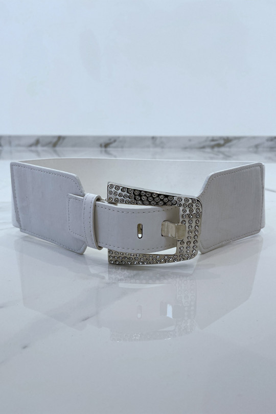 Big white bi-material belt with metallic strap and rhinestones - 2