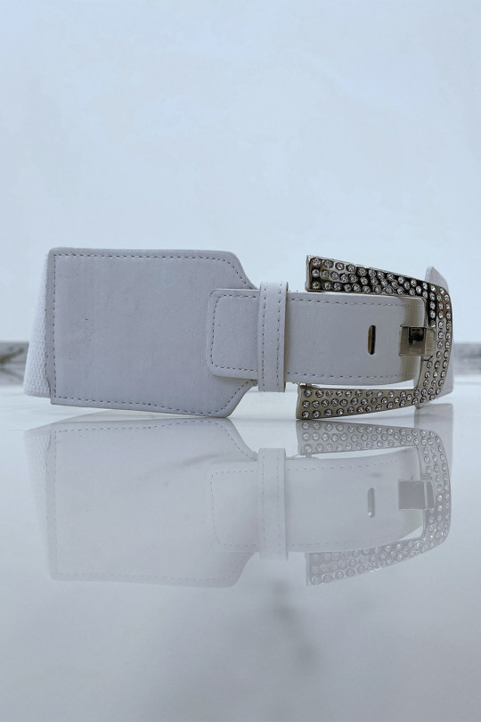 Big white bi-material belt with metallic strap and rhinestones - 3