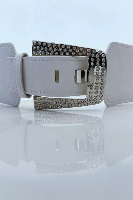 Grote witte riem van twee materialen met metalen band en strass-steentjes - 4