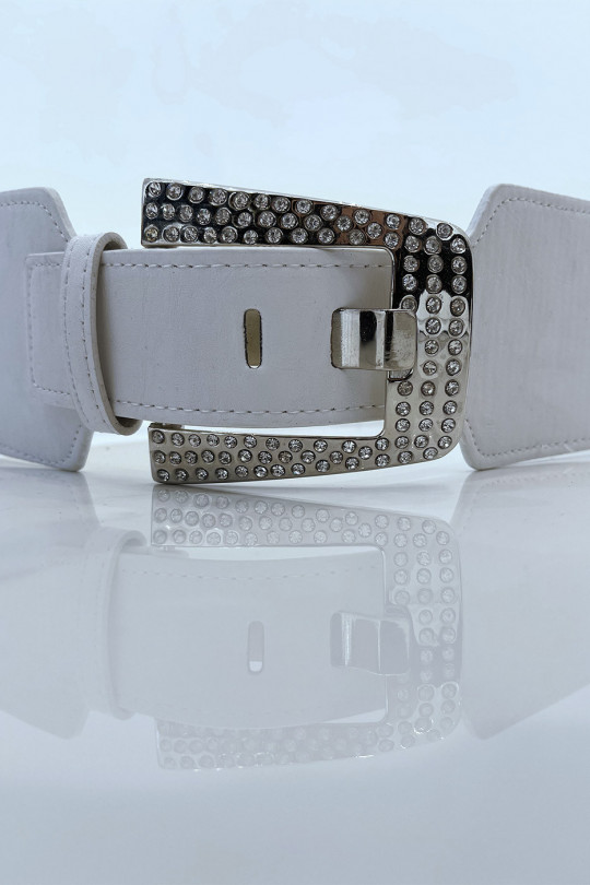 Big white bi-material belt with metallic strap and rhinestones - 4