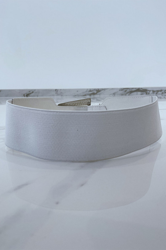 Big white bi-material belt with metallic strap and rhinestones - 5