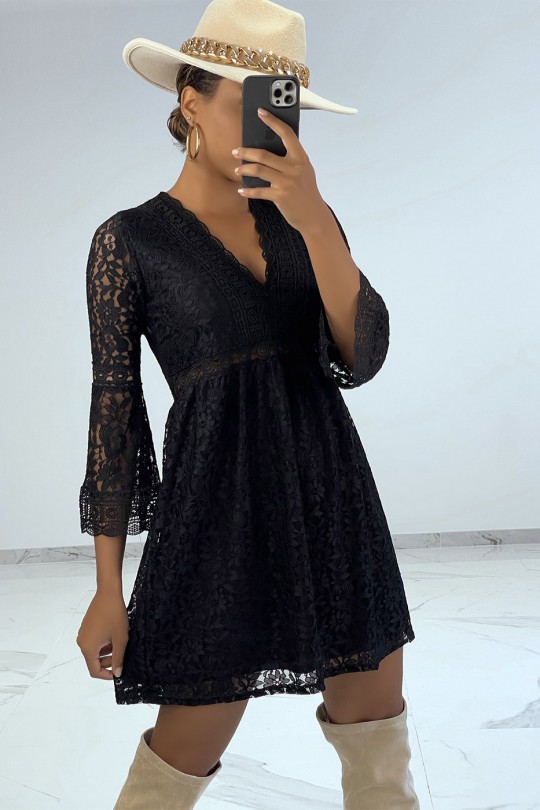 Little black bohemian dress in openwork lace and skater cut - 1