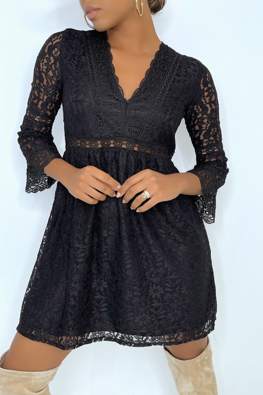 Little black bohemian dress in openwork lace and skater cut - 2
